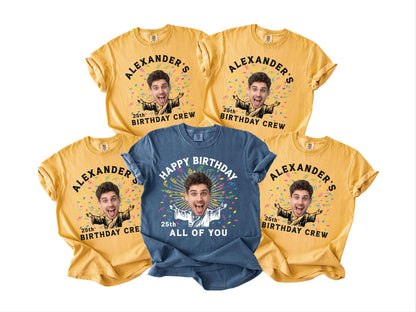 Custom Face 25th Birthday Shirt, Personalized Name Photo Party Man Tee, Matching Group Birthday Crew Outfit