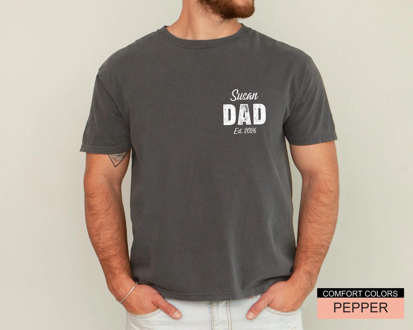 Personalized Dad Est Year Shirt, Custom Child Name New Father Tee, Pregnancy Reveal For Husband
