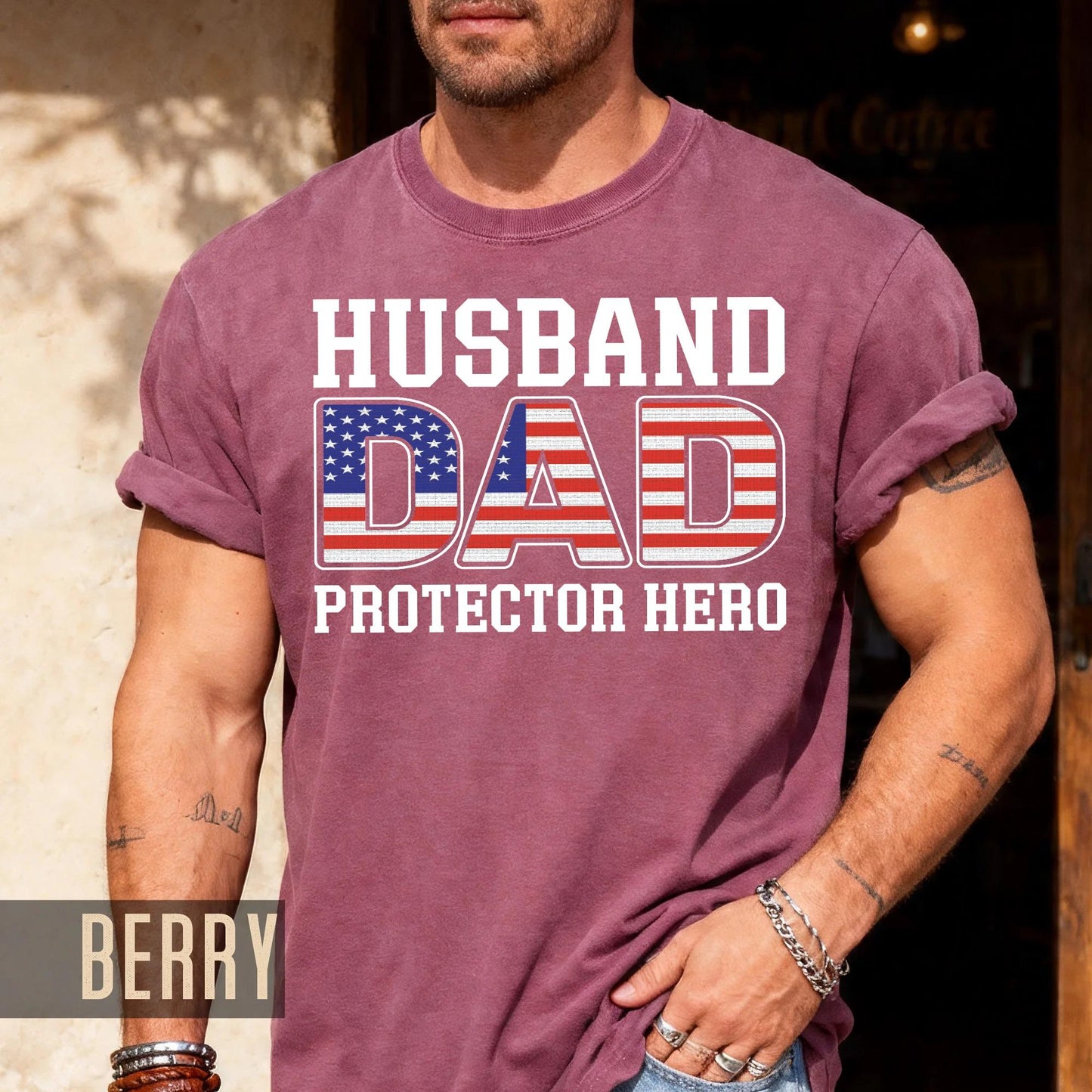 Husband Dad Protector Hero Shirt, American Flag Dad Shirt, Patriotic Father’s Day Gift, USA Pride Military Veteran Dad, Gift for Husband