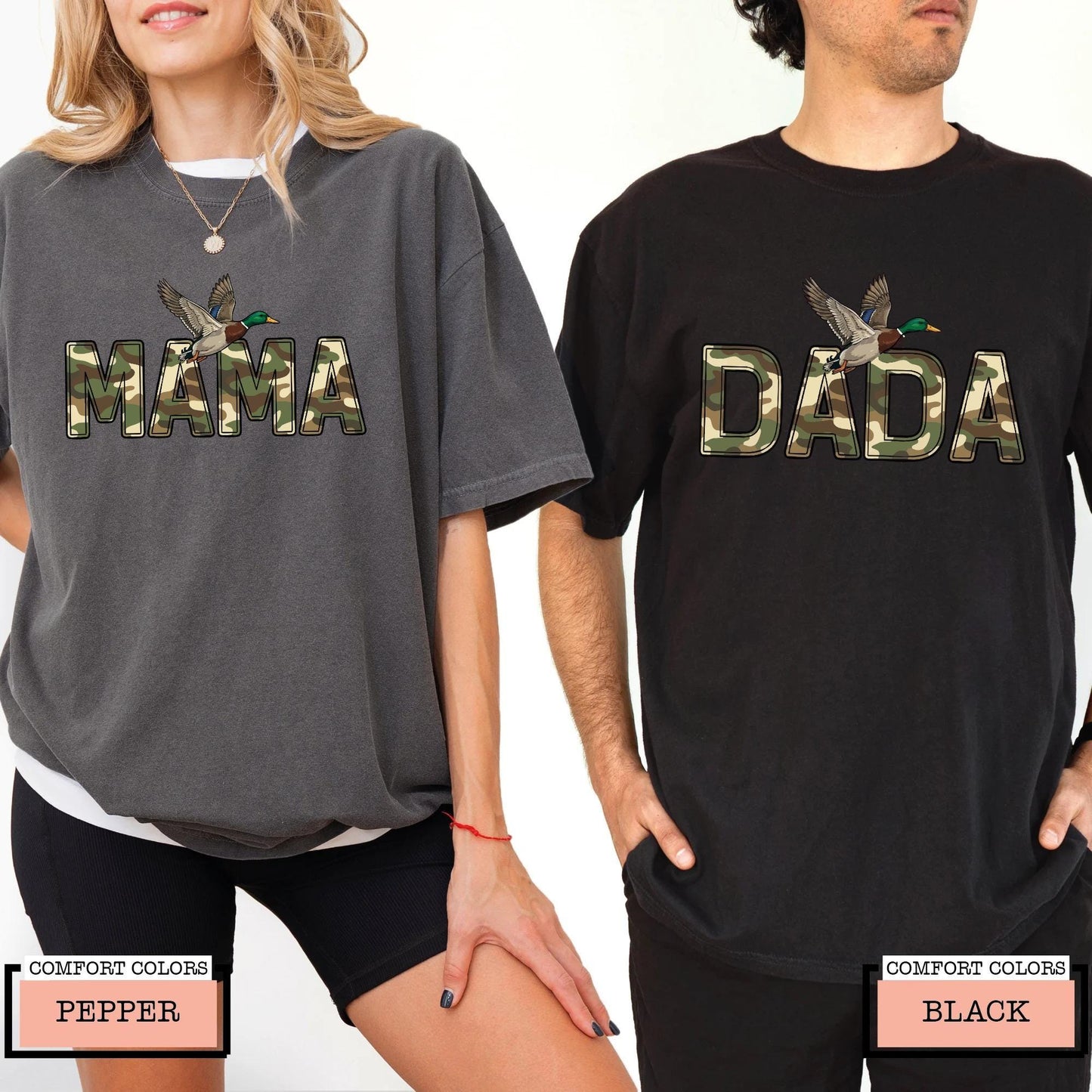 Camo Duck Hunting Mama and Dada Shirt, Matching Couples Camouflage Mallard Duck Tee for Hunting Mom and Dad