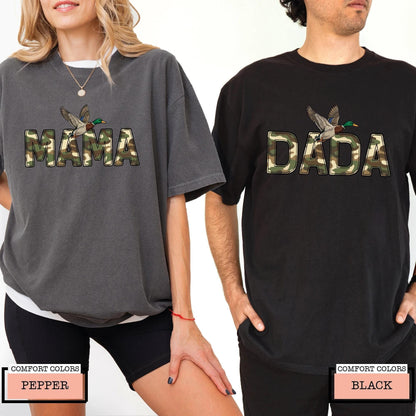 Camo Duck Hunting Mama and Dada Shirt, Matching Couples Camouflage Mallard Duck Tee for Hunting Mom and Dad