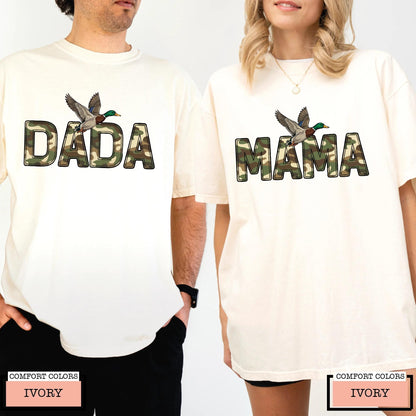 Camo Duck Hunting Mama and Dada Shirt, Matching Couples Camouflage Mallard Duck Tee for Hunting Mom and Dad