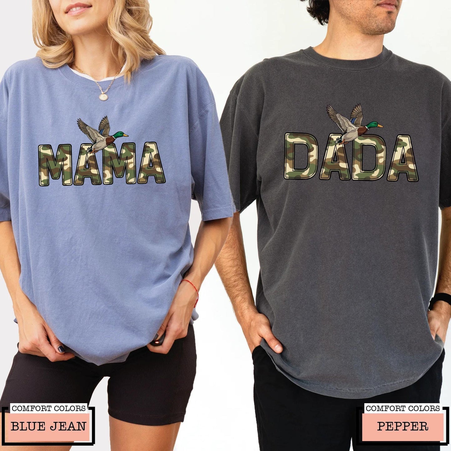Camo Duck Hunting Mama and Dada Shirt, Matching Couples Camouflage Mallard Duck Tee for Hunting Mom and Dad