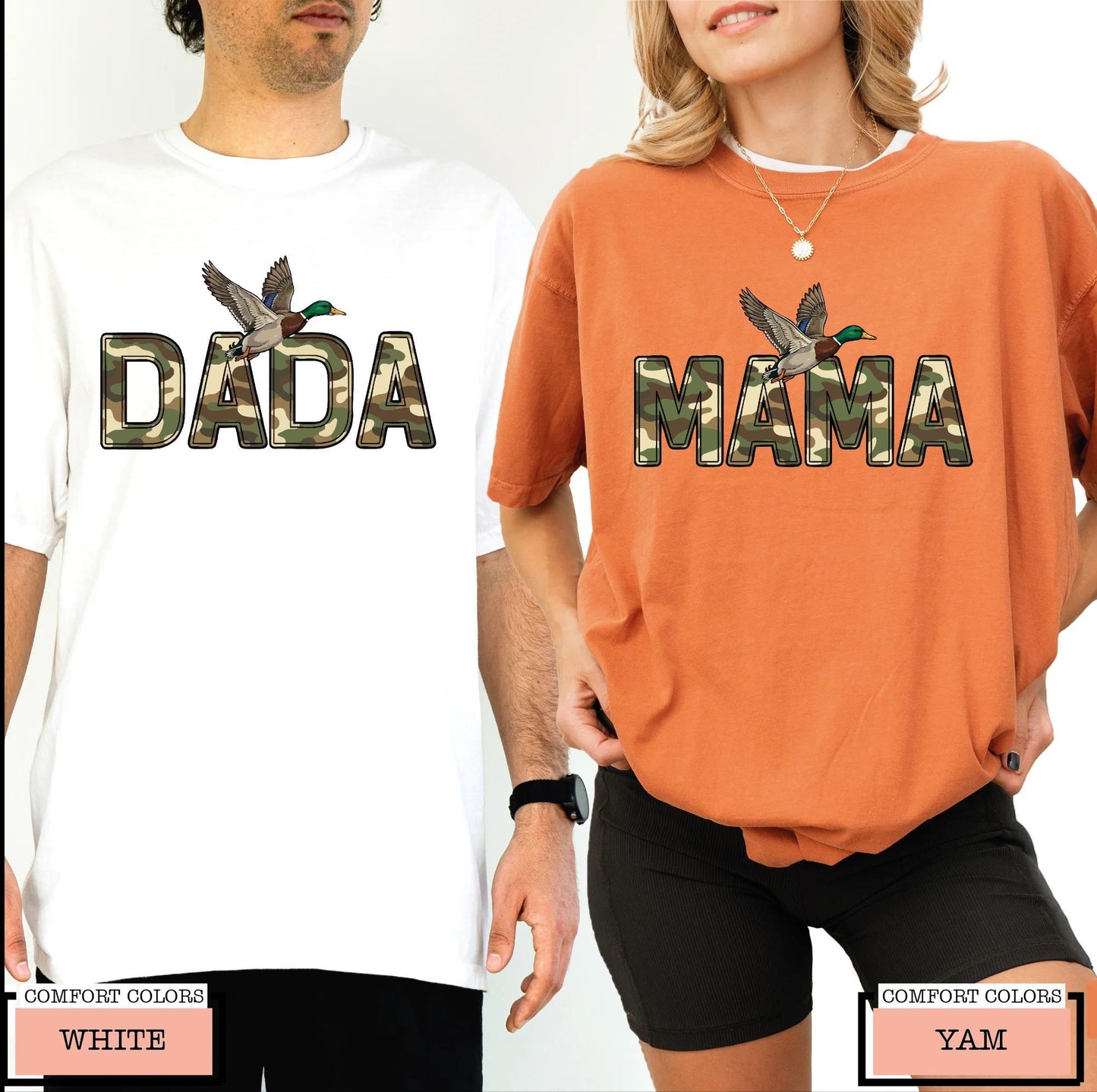 Camo Duck Hunting Mama and Dada Shirt, Matching Couples Camouflage Mallard Duck Tee for Hunting Mom and Dad