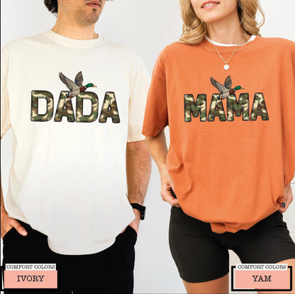 Camo Duck Hunting Mama and Dada Shirt, Matching Couples Camouflage Mallard Duck Tee for Hunting Mom and Dad