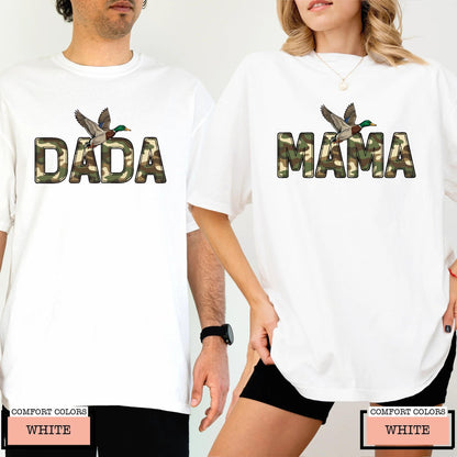 Camo Duck Hunting Mama and Dada Shirt, Matching Couples Camouflage Mallard Duck Tee for Hunting Mom and Dad