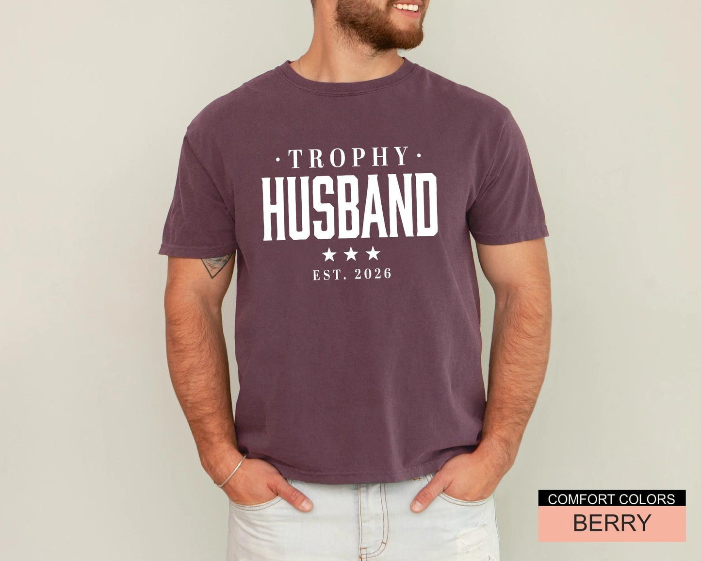 Trophy Husband Est Year Shirt, Retro Anniversary Tee for Him, Funny Newlywed Groom Top