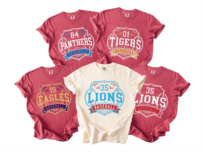 Custom Baseball Mascot Shirt, Personalized Team Number Game Day Baseball Mom Tee, Vintage School Spirit Apparel