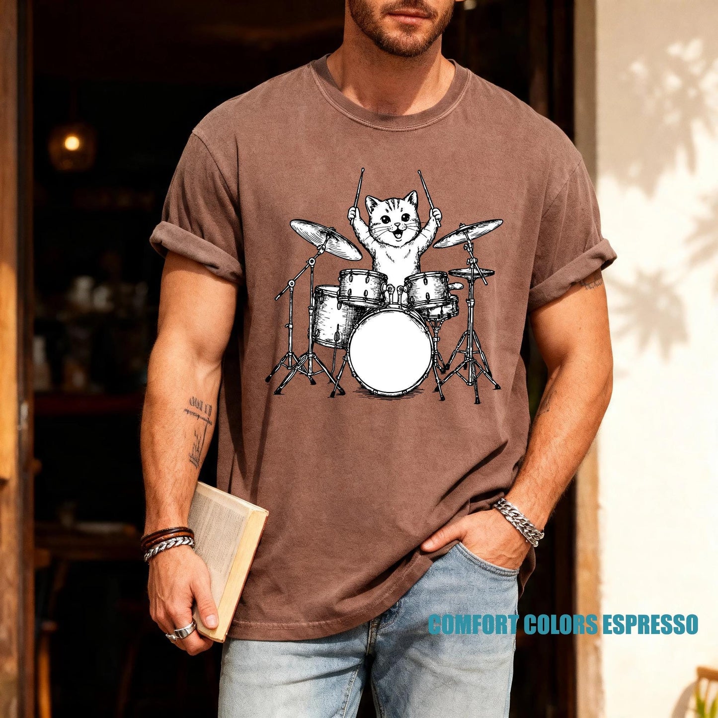 Cute Drum Cat Shirt for Drummers, Funny Animal Lover Husband Shirt, Drumming Cat Shirt, Cat Owner Drummer Dad Shirt for Father's Day