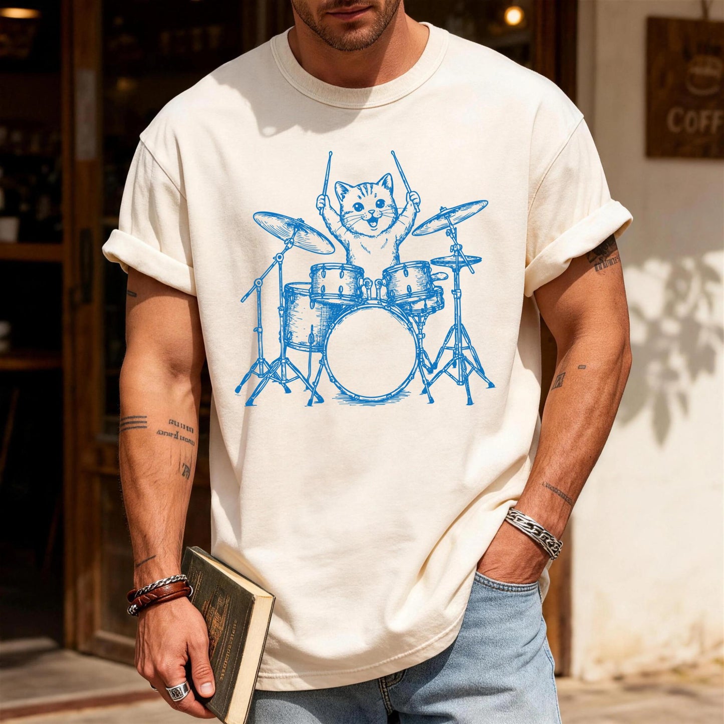 Cute Drum Cat Shirt for Drummers, Funny Animal Lover Husband Shirt, Drumming Cat Shirt, Cat Owner Drummer Dad Shirt for Father's Day