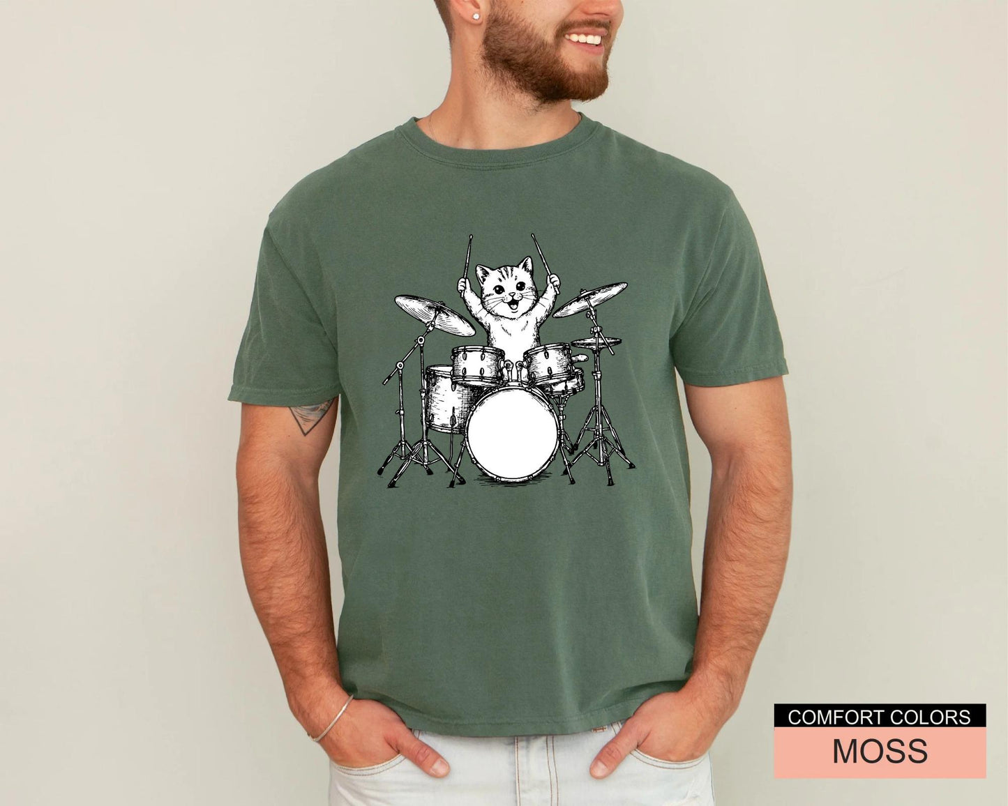 Cute Drum Cat Shirt for Drummers, Funny Animal Lover Husband Shirt, Drumming Cat Shirt, Cat Owner Drummer Dad Shirt for Father's Day
