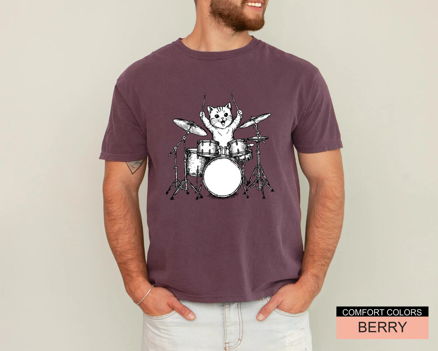 Cute Drum Cat Shirt for Drummers, Funny Animal Lover Husband Shirt, Drumming Cat Shirt, Cat Owner Drummer Dad Shirt for Father's Day