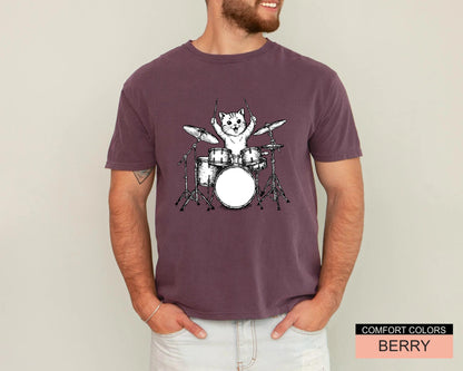 Cute Drum Cat Shirt for Drummers, Funny Animal Lover Husband Shirt, Drumming Cat Shirt, Cat Owner Drummer Dad Shirt for Father's Day