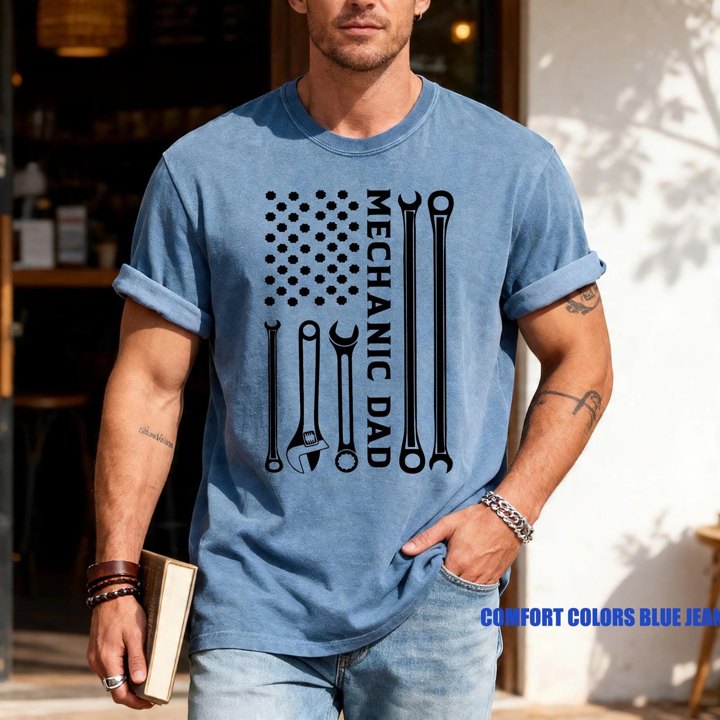 Mechanic Dad American Flag Wrench Tools Gift for Father’s Day, Car Repair Shirt for Dad, Garage Lover Auto Mechanic T-Shirt, Dad's Birthday