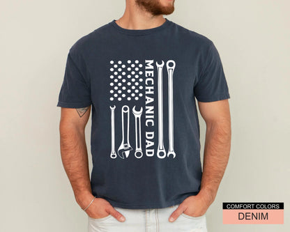 Mechanic Dad American Flag Wrench Tools Gift for Father’s Day, Car Repair Shirt for Dad, Garage Lover Auto Mechanic T-Shirt, Dad's Birthday