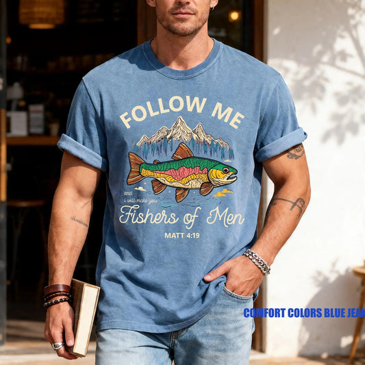 Christian Fishing Shirt, Follow Me Fishers of Men Tee, Matthew 4 19 Scripture Top