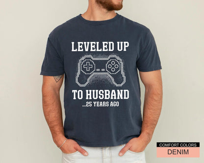 Custom Leveled Up To Husband Shirt, Personalized Anniversary Gift for Him, Funny Gamer Wedding Controller Tee, Customized Marriage Milestone