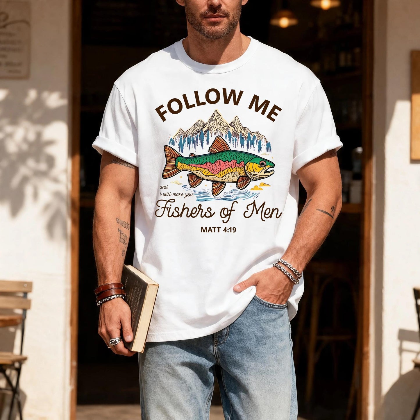 Christian Fishing Shirt, Follow Me Fishers of Men Tee, Matthew 4 19 Scripture Top