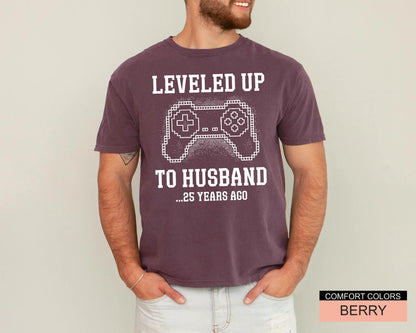 Custom Leveled Up To Husband Shirt, Personalized Anniversary Gift for Him, Funny Gamer Wedding Controller Tee, Customized Marriage Milestone