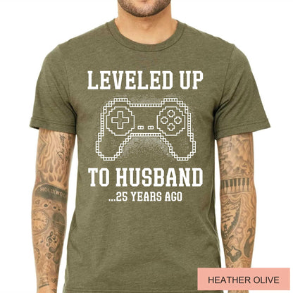 Custom Leveled Up To Husband Shirt, Personalized Anniversary Gift for Him, Funny Gamer Wedding Controller Tee, Customized Marriage Milestone