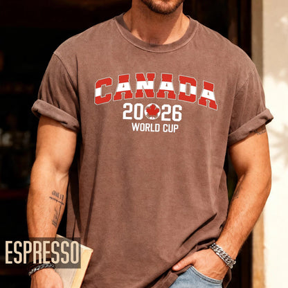 Canada 2026 Soccer Fan Merchandise Shirt, Maple Leaf World Cup Arched Red Block Letters Tee, Canadian Host Country Football Tournament Top