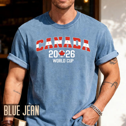Canada 2026 Soccer Fan Merchandise Shirt, Maple Leaf World Cup Arched Red Block Letters Tee, Canadian Host Country Football Tournament Top