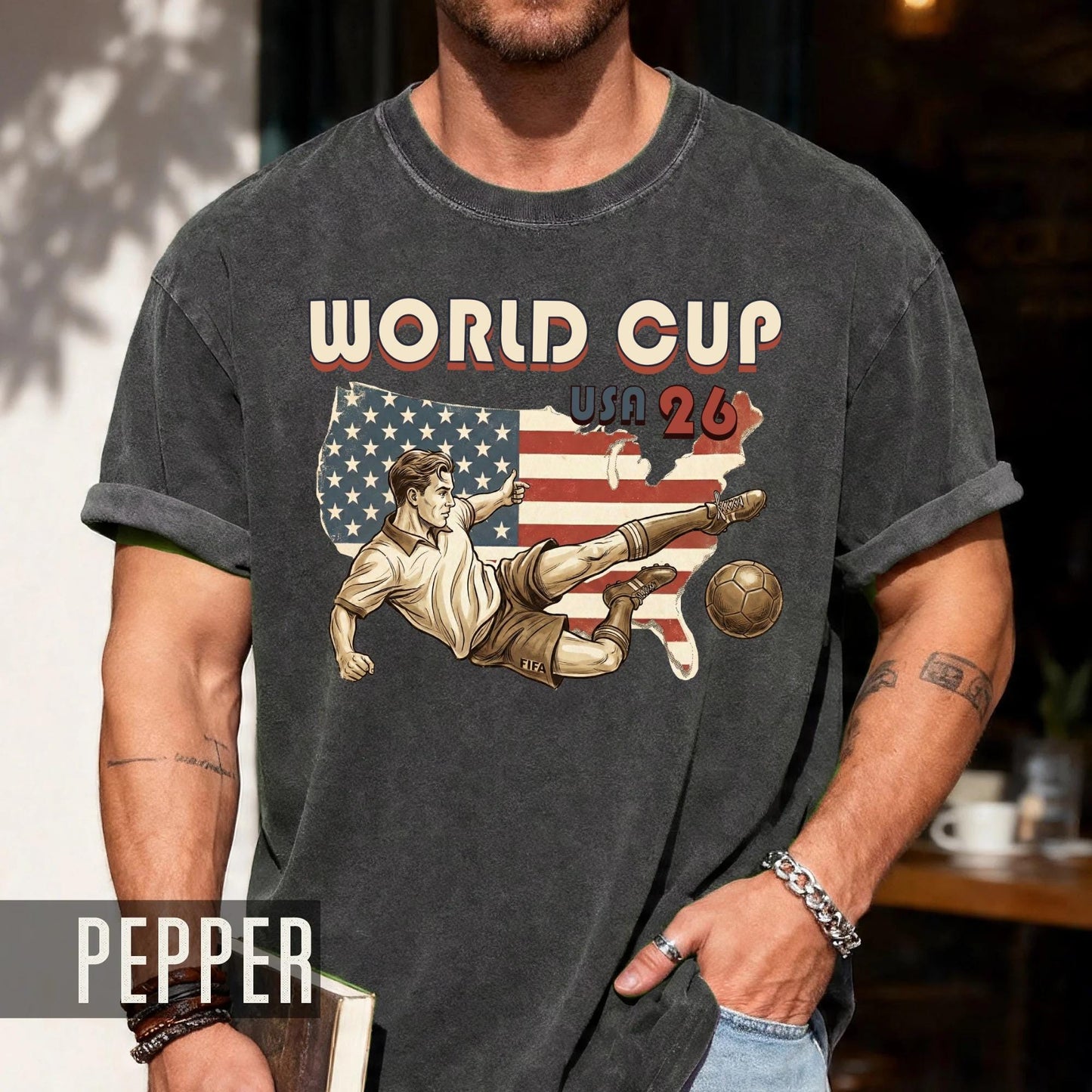 Retro USA 26 Soccer Player Shirt, Vintage Style Football Flying Kick Tournament Tee