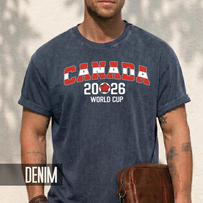 Canada 2026 Soccer Fan Merchandise Shirt, Maple Leaf World Cup Arched Red Block Letters Tee, Canadian Host Country Football Tournament Top
