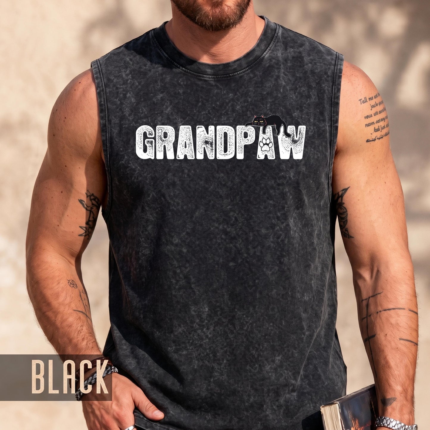 Funny Cat Tank Top for Grandpa - Grandpaw Muscle Shirt - Cat Owner Grandfather Gift