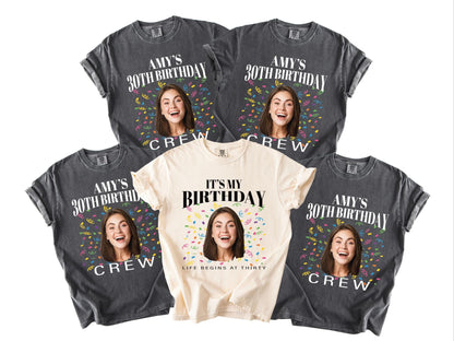 Custom 30th Birthday Photo Crew Shirt, Personalized Thirty Portrait Party Tee