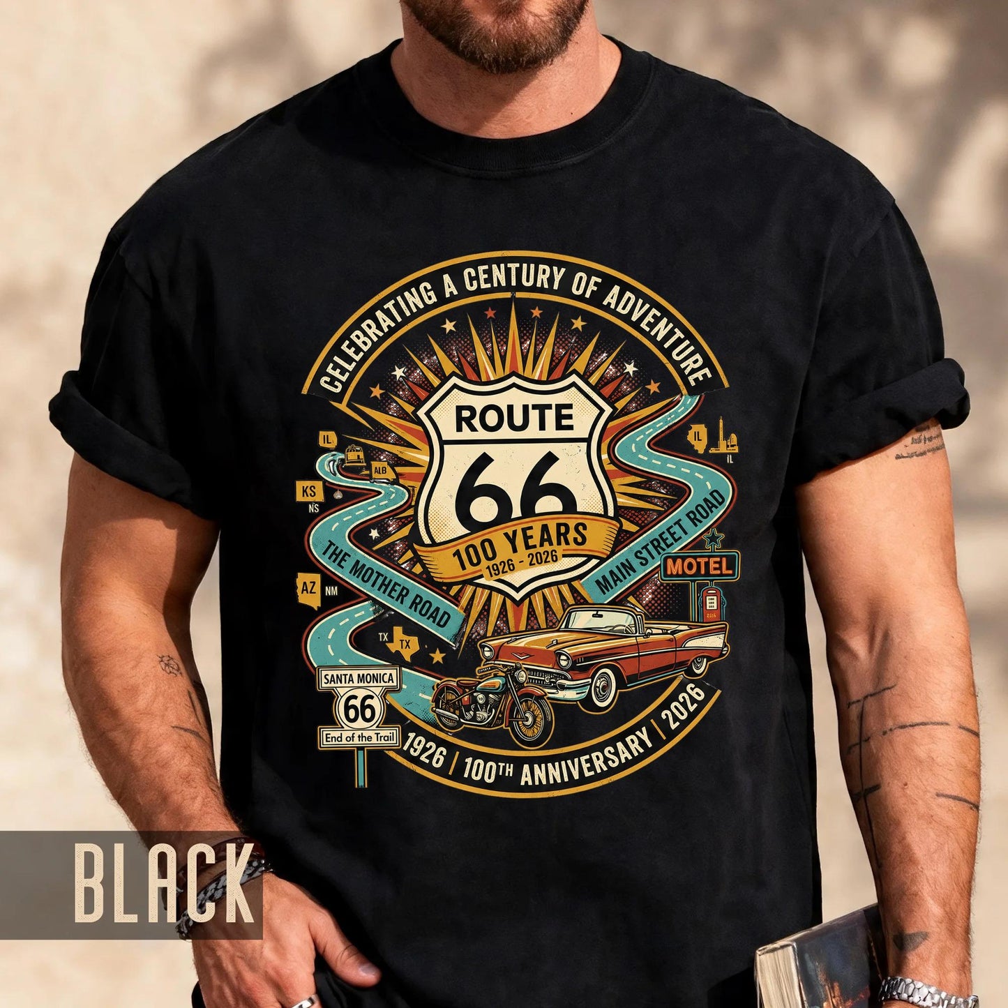 Vintage Route 66 100th Anniversary Shirt, Retro Celebrating A Century Of Adventure Tee, Historic Mother Road Car Motorcycle Top