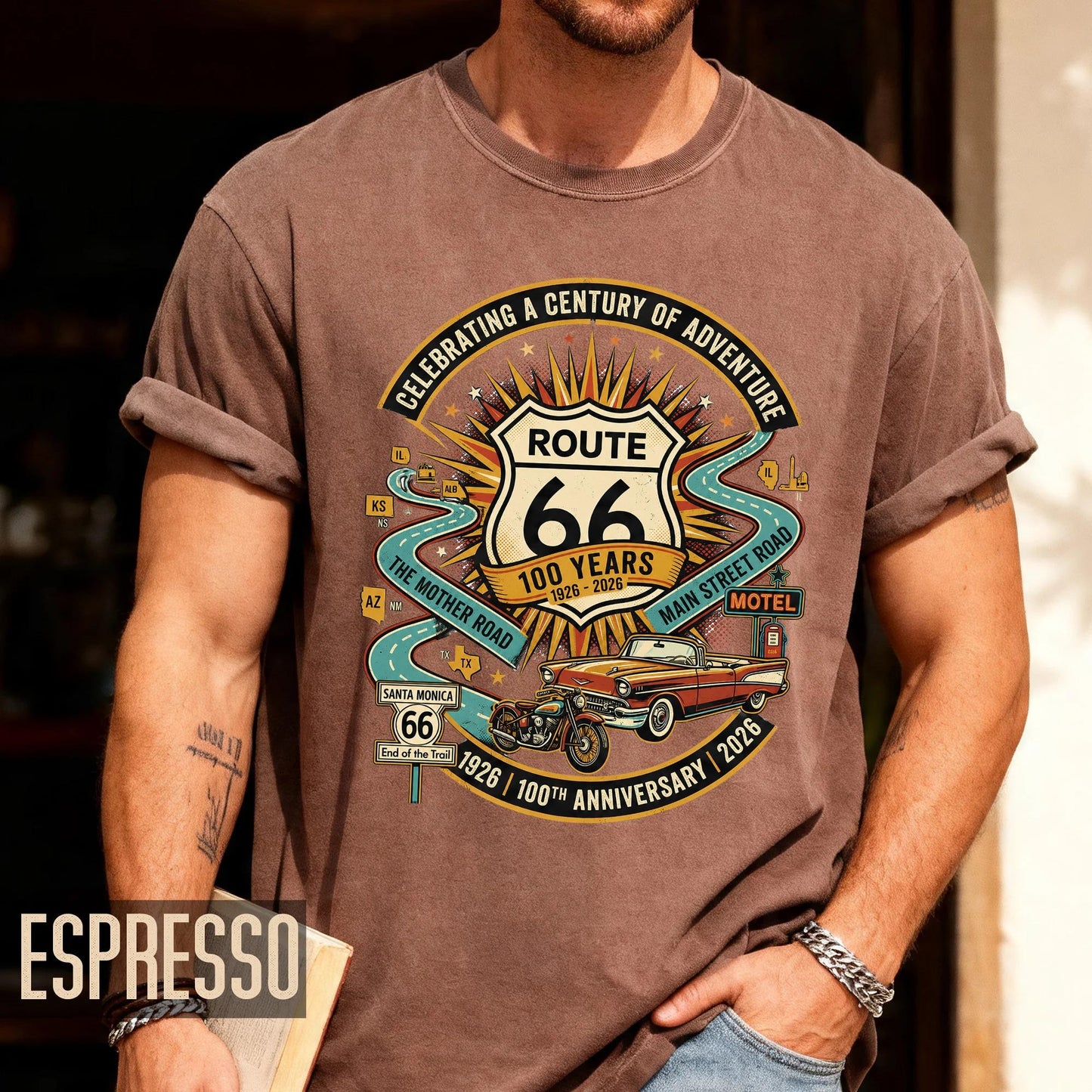 Vintage Route 66 100th Anniversary Shirt, Retro Celebrating A Century Of Adventure Tee, Historic Mother Road Car Motorcycle Top