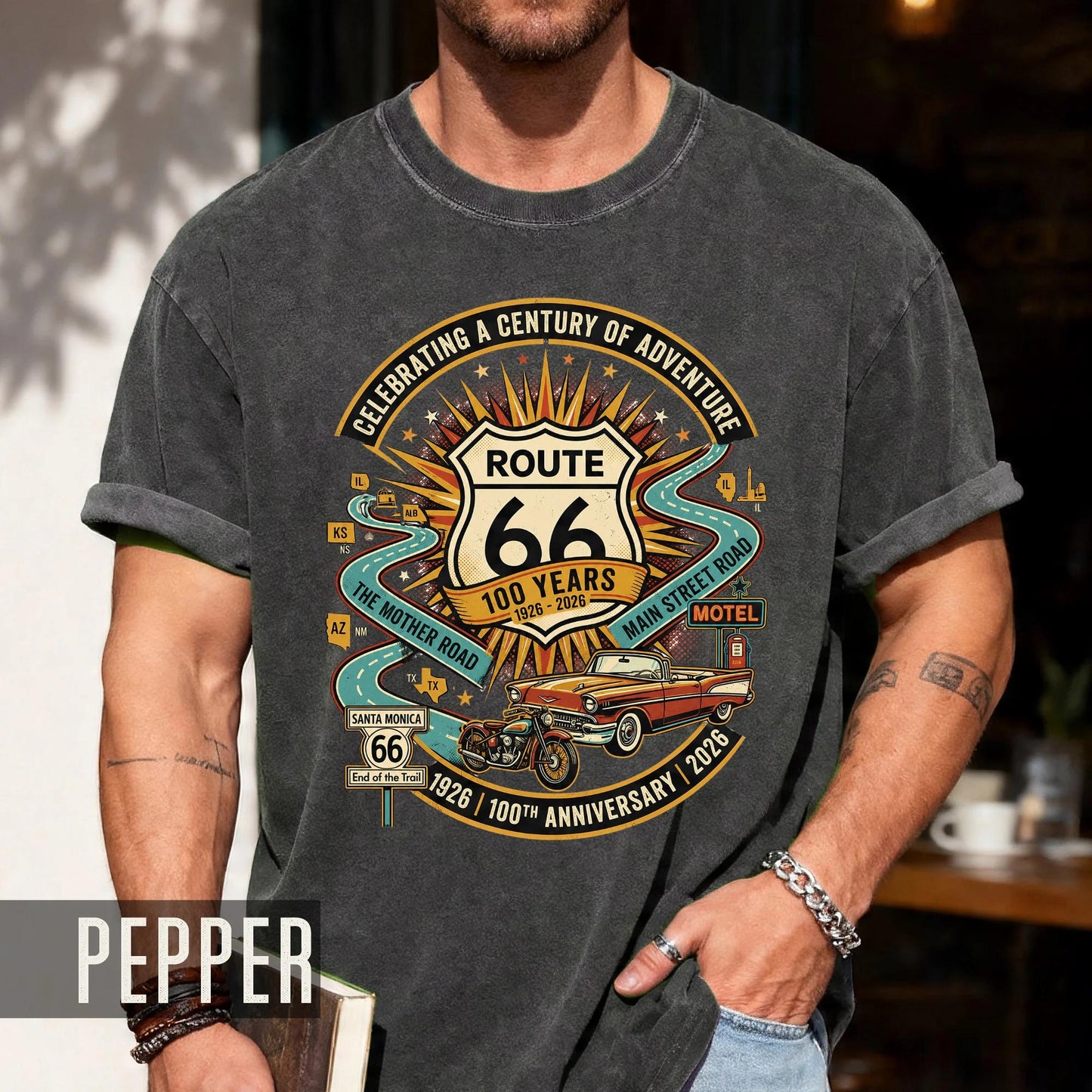 Vintage Route 66 100th Anniversary Shirt, Retro Celebrating A Century Of Adventure Tee, Historic Mother Road Car Motorcycle Top
