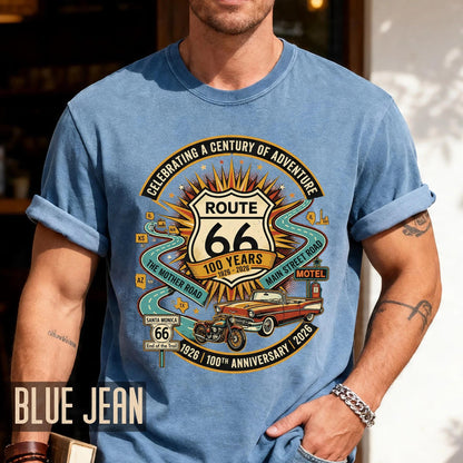 Vintage Route 66 100th Anniversary Shirt, Retro Celebrating A Century Of Adventure Tee, Historic Mother Road Car Motorcycle Top