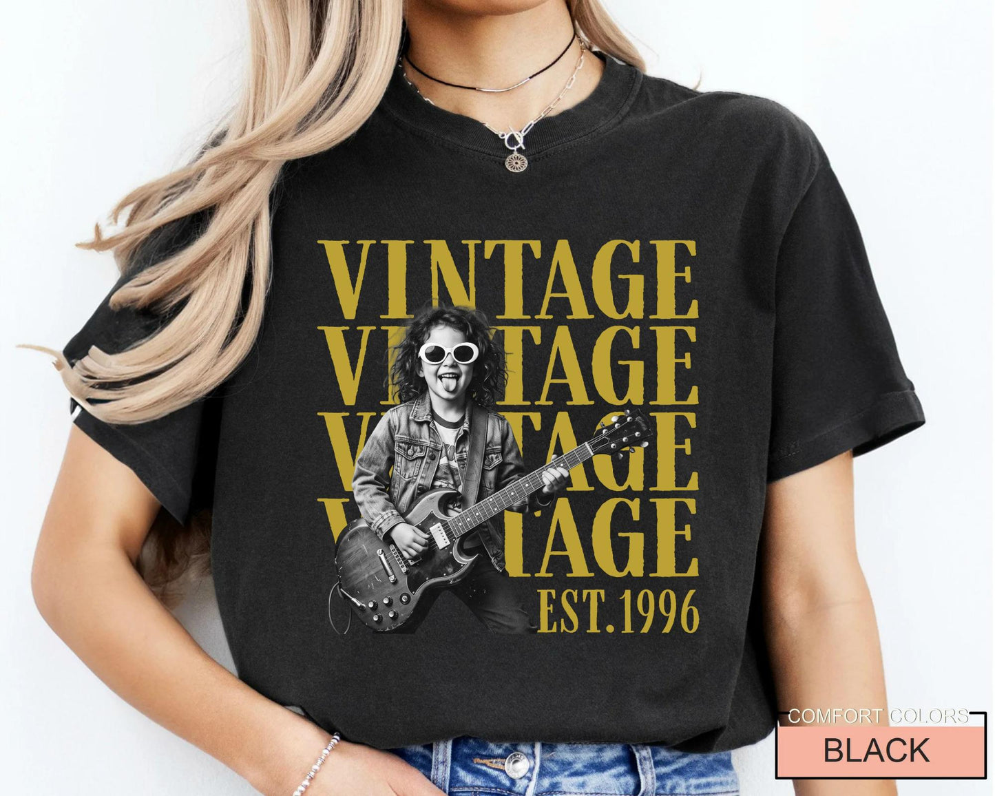 Custom Photo Vintage Est 1996 Birthday Shirt, Guitar Rock Tee