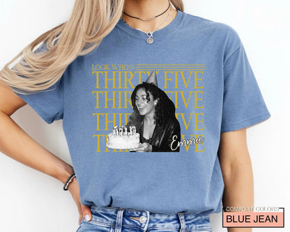 Personalized Birthday Photo Shirt, Look Who's 35 Tee with Picture