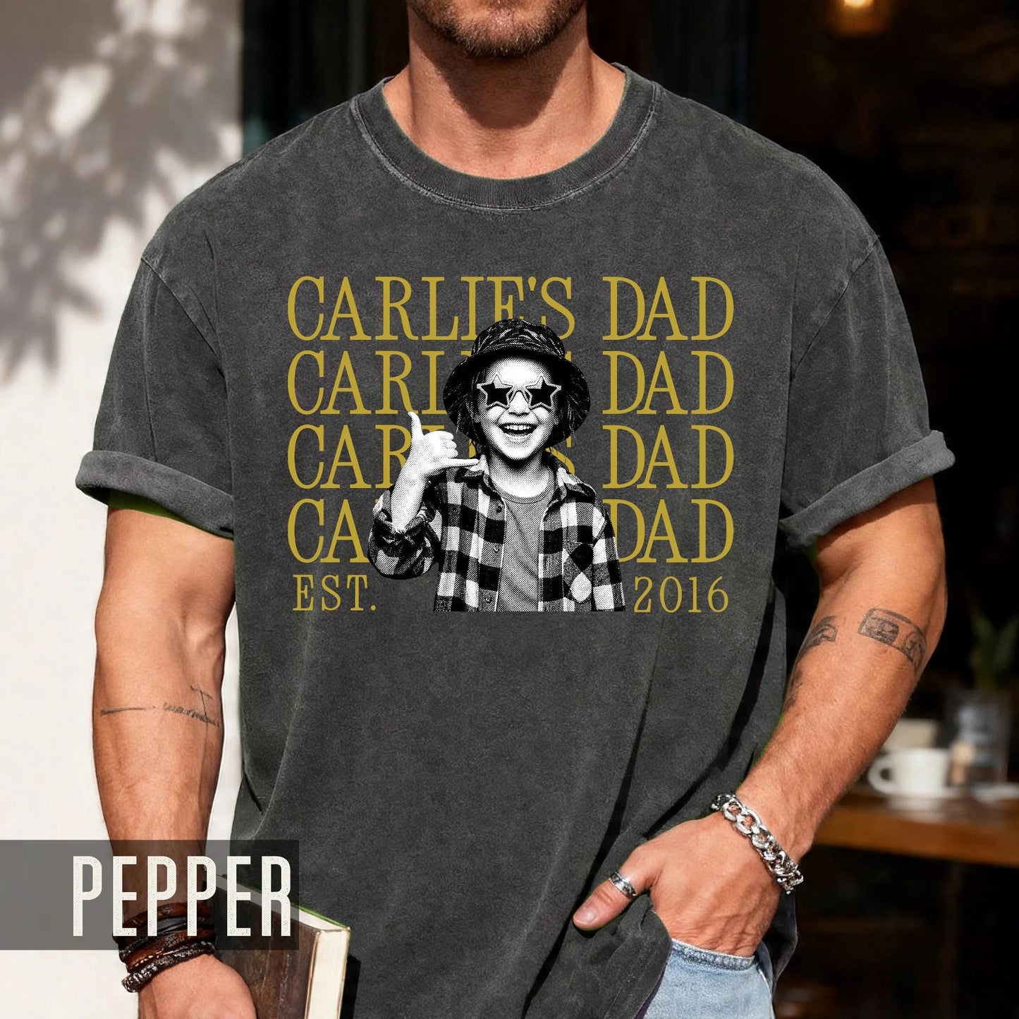 Custom Child Photo and Name Shirt for Dad, Personalized Kid Picture Father Tee