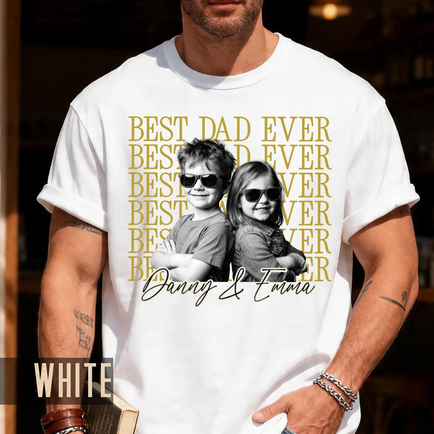 Personalized Best Dad Ever Shirt with Photo, Vintage Style Kids Portrait Tee for Father Birthday