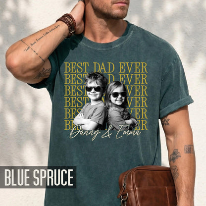 Personalized Best Dad Ever Shirt with Photo, Vintage Style Kids Portrait Tee for Father Birthday