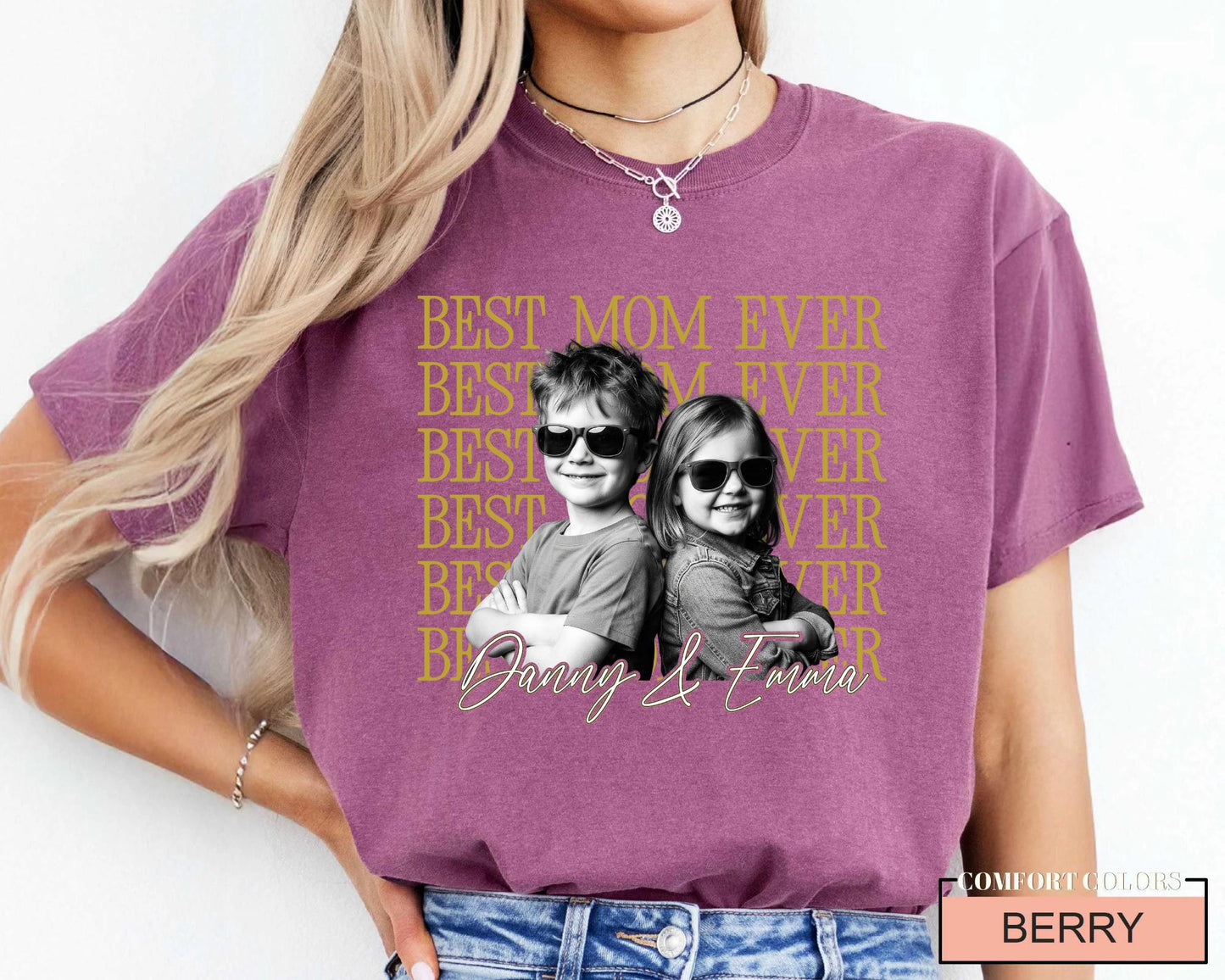 Personalized Best Mom Ever Shirt with Photo, Vintage Style Kids Portrait Tee for Mother Birthday