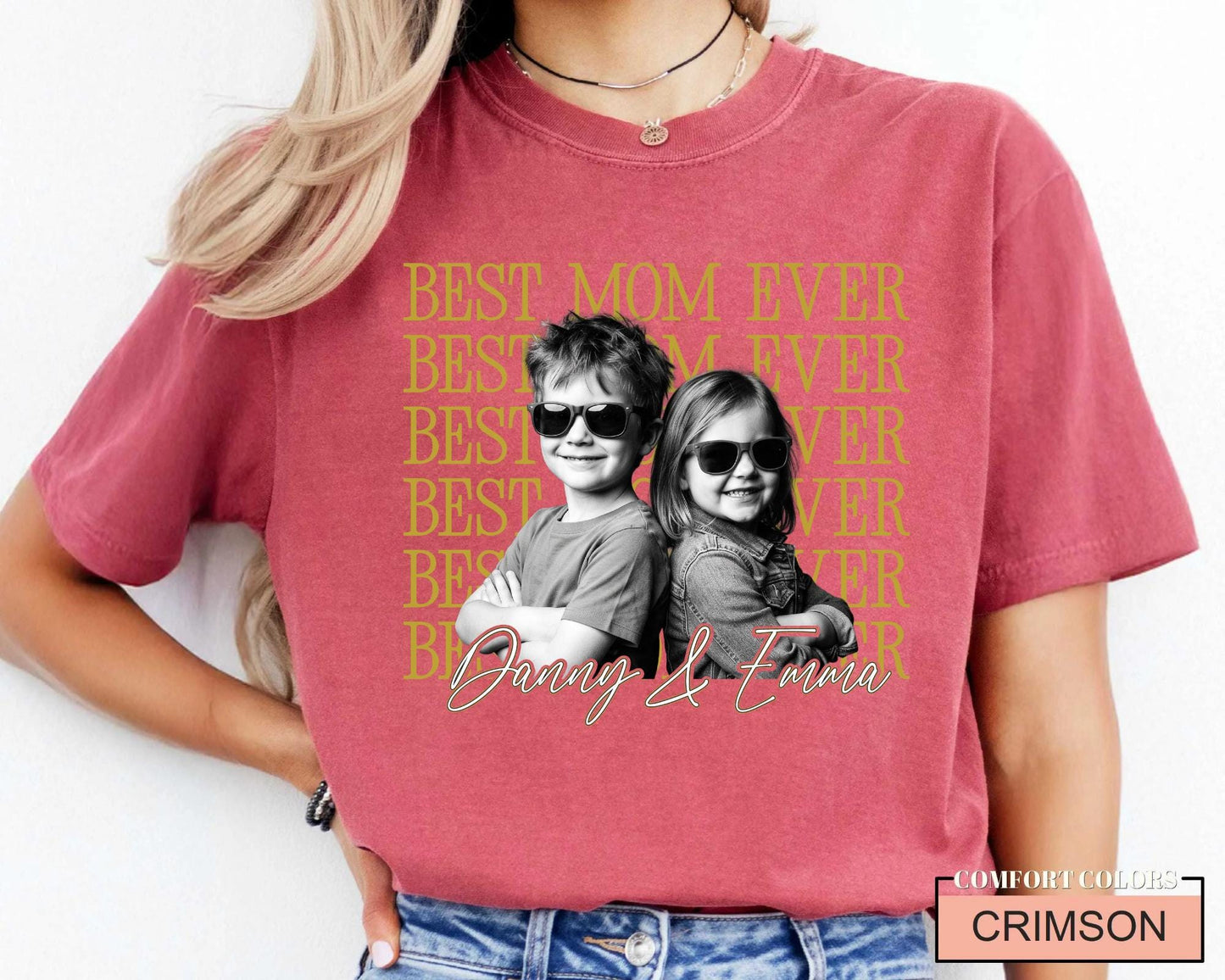 Personalized Best Mom Ever Shirt with Photo, Vintage Style Kids Portrait Tee for Mother Birthday