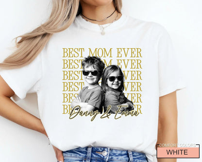 Personalized Best Mom Ever Shirt with Photo, Vintage Style Kids Portrait Tee for Mother Birthday
