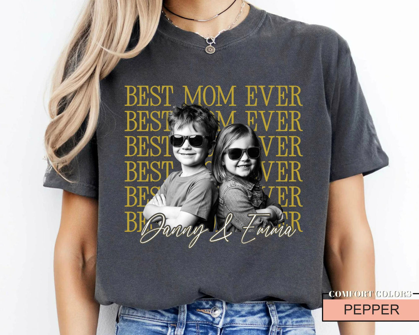 Personalized Best Mom Ever Shirt with Photo, Vintage Style Kids Portrait Tee for Mother Birthday