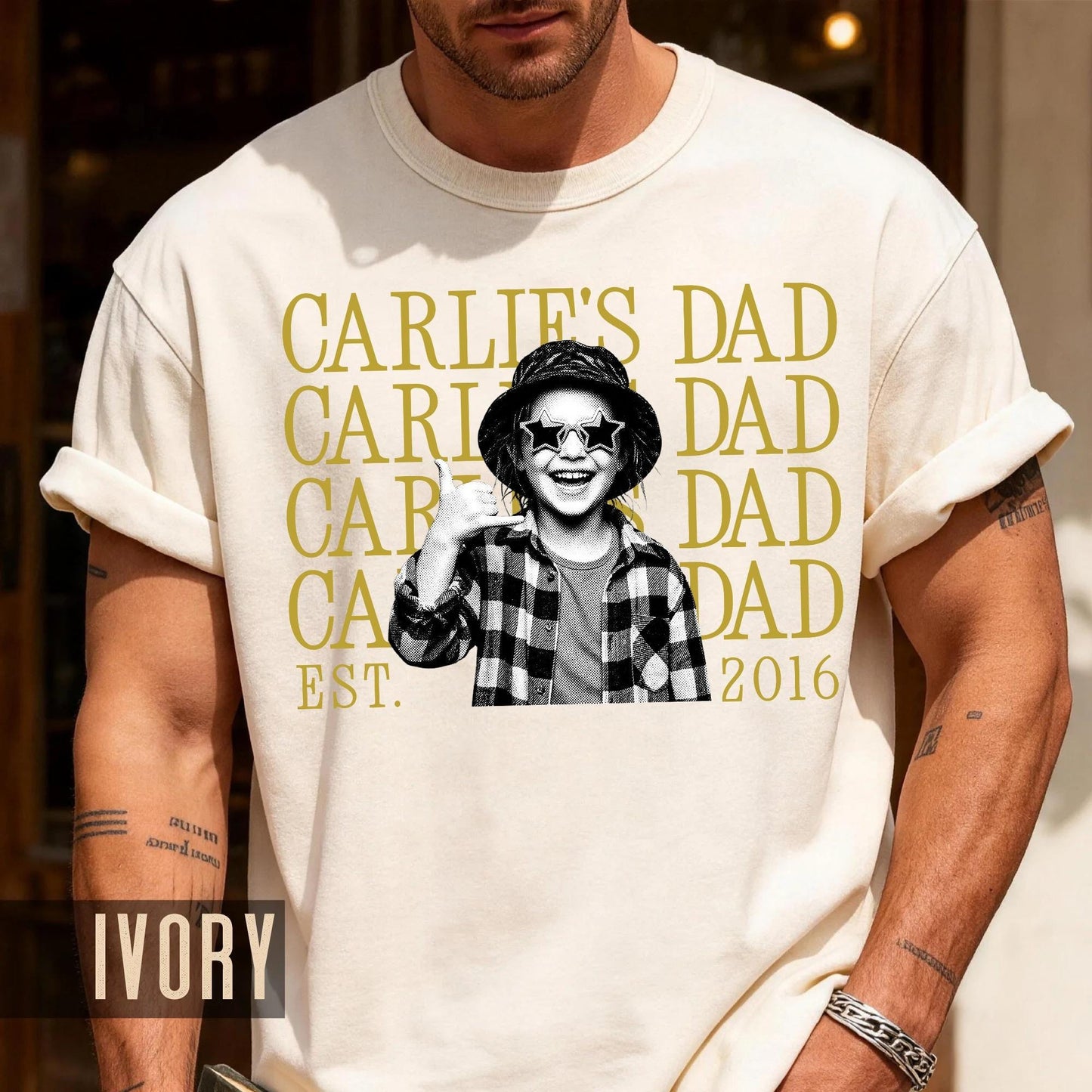 Custom Child Photo and Name Shirt for Dad, Personalized Kid Picture Father Tee