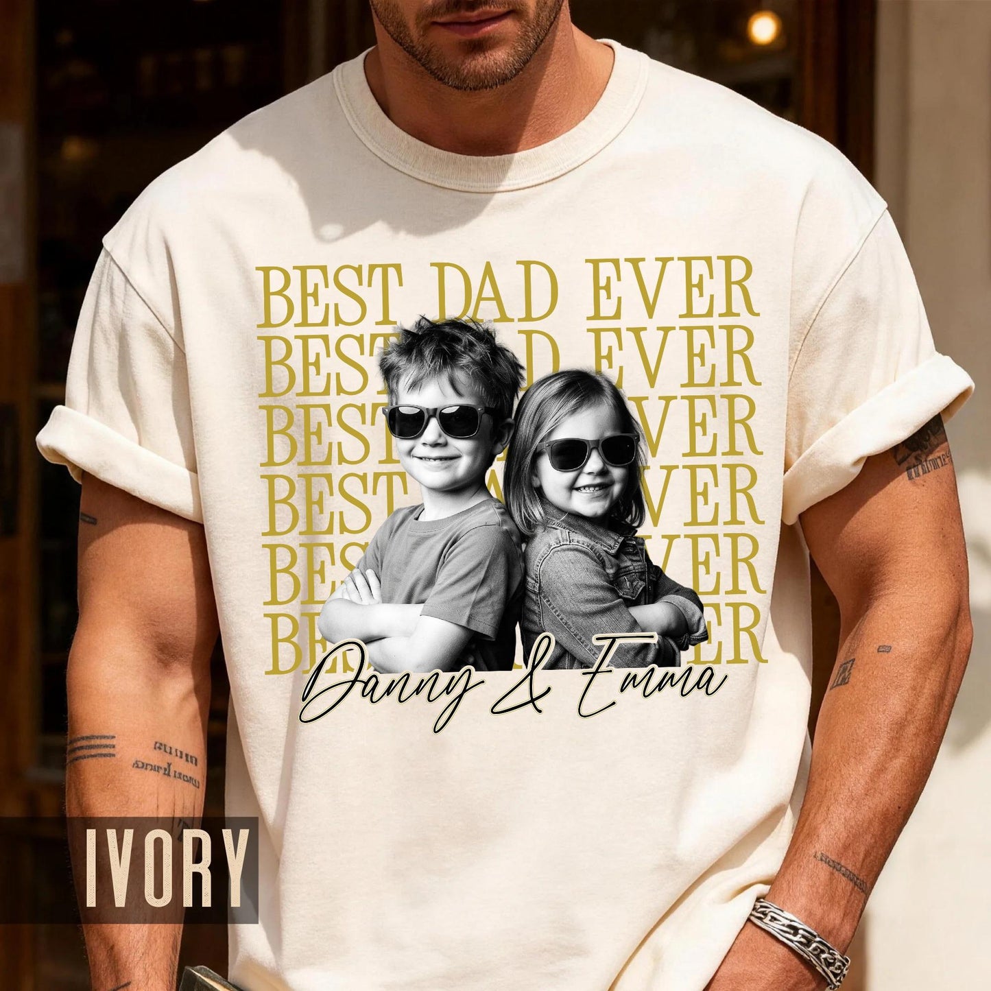 Personalized Best Dad Ever Shirt with Photo, Vintage Style Kids Portrait Tee for Father Birthday
