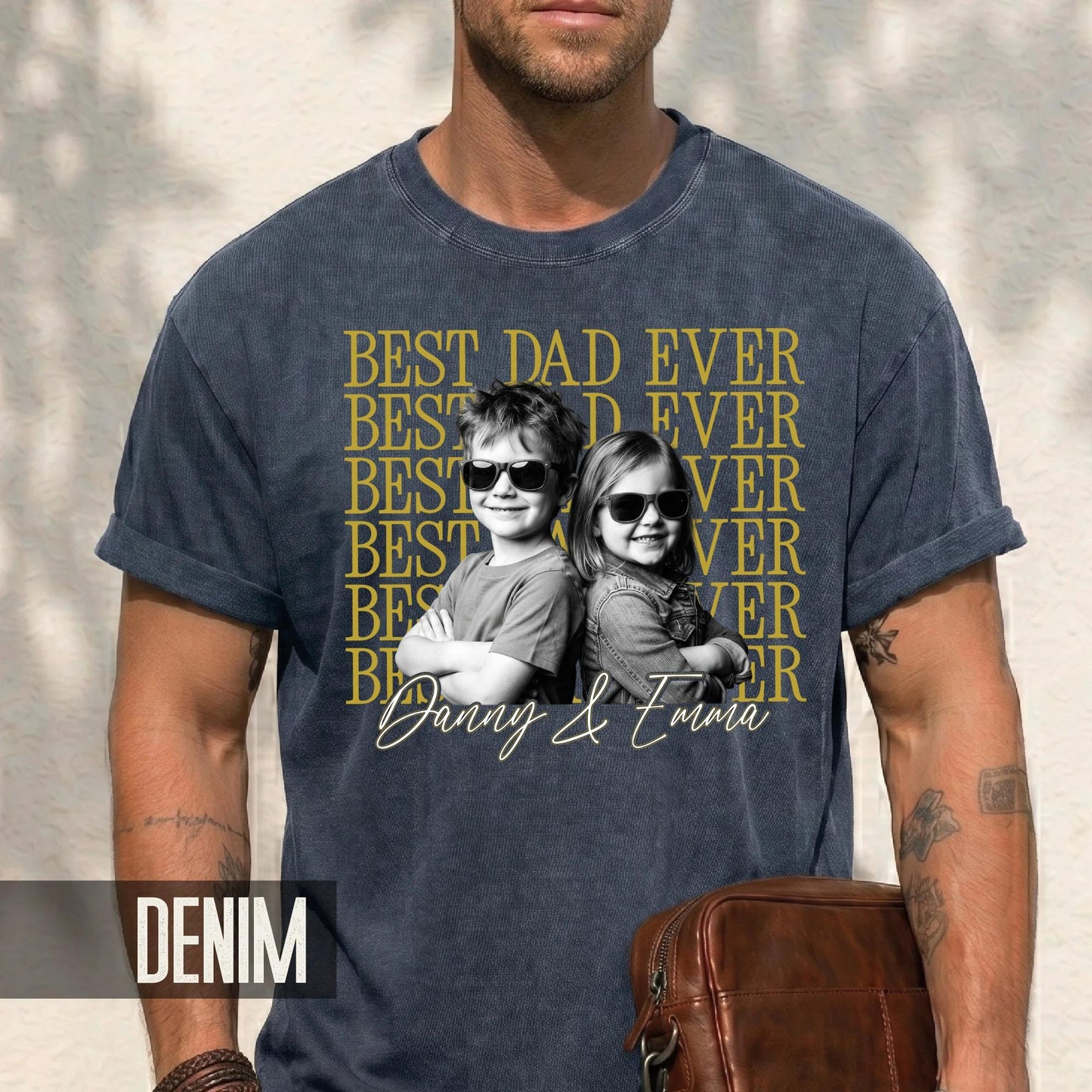 Personalized Best Dad Ever Shirt with Photo, Vintage Style Kids Portrait Tee for Father Birthday