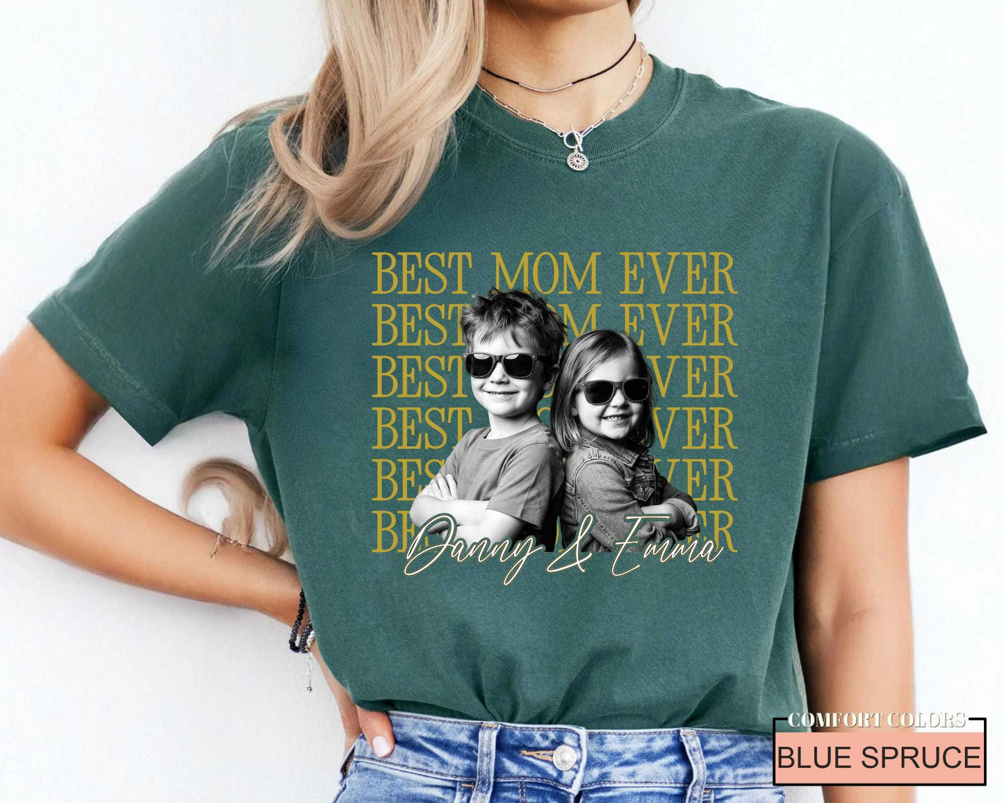 Personalized Best Mom Ever Shirt with Photo, Vintage Style Kids Portrait Tee for Mother Birthday