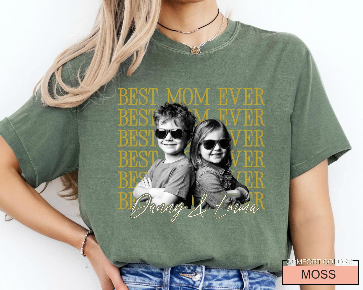 Personalized Best Mom Ever Shirt with Photo, Vintage Style Kids Portrait Tee for Mother Birthday