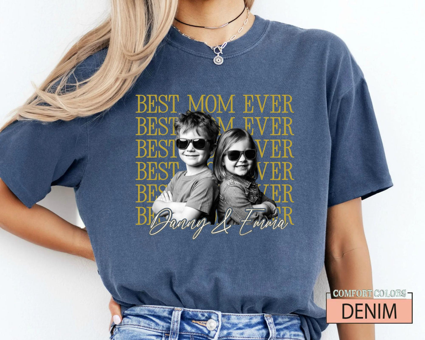 Personalized Best Mom Ever Shirt with Photo, Vintage Style Kids Portrait Tee for Mother Birthday