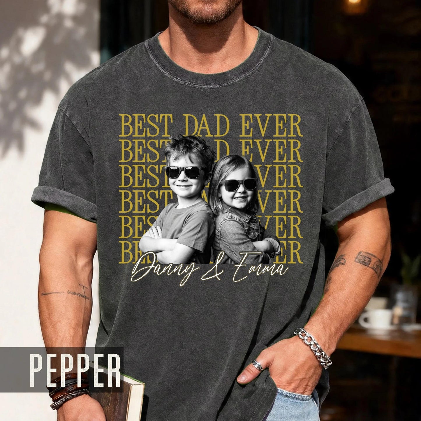 Personalized Best Dad Ever Shirt with Photo, Vintage Style Kids Portrait Tee for Father Birthday